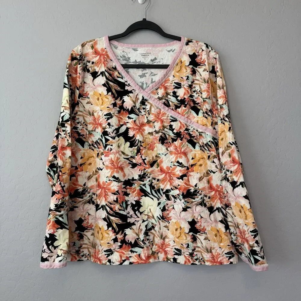 Garnet Hill XLarge Black Pink Orange Floral Cotton Cross Front Long Sleeve Top - Picture 1 of 5